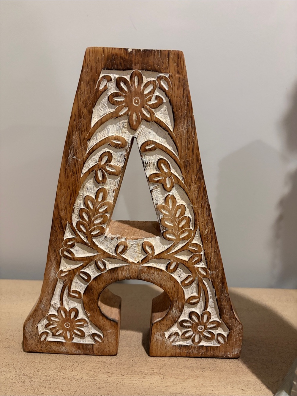 Handcarved Wooden Letter A Accent - Whitewash Brown - India Wood